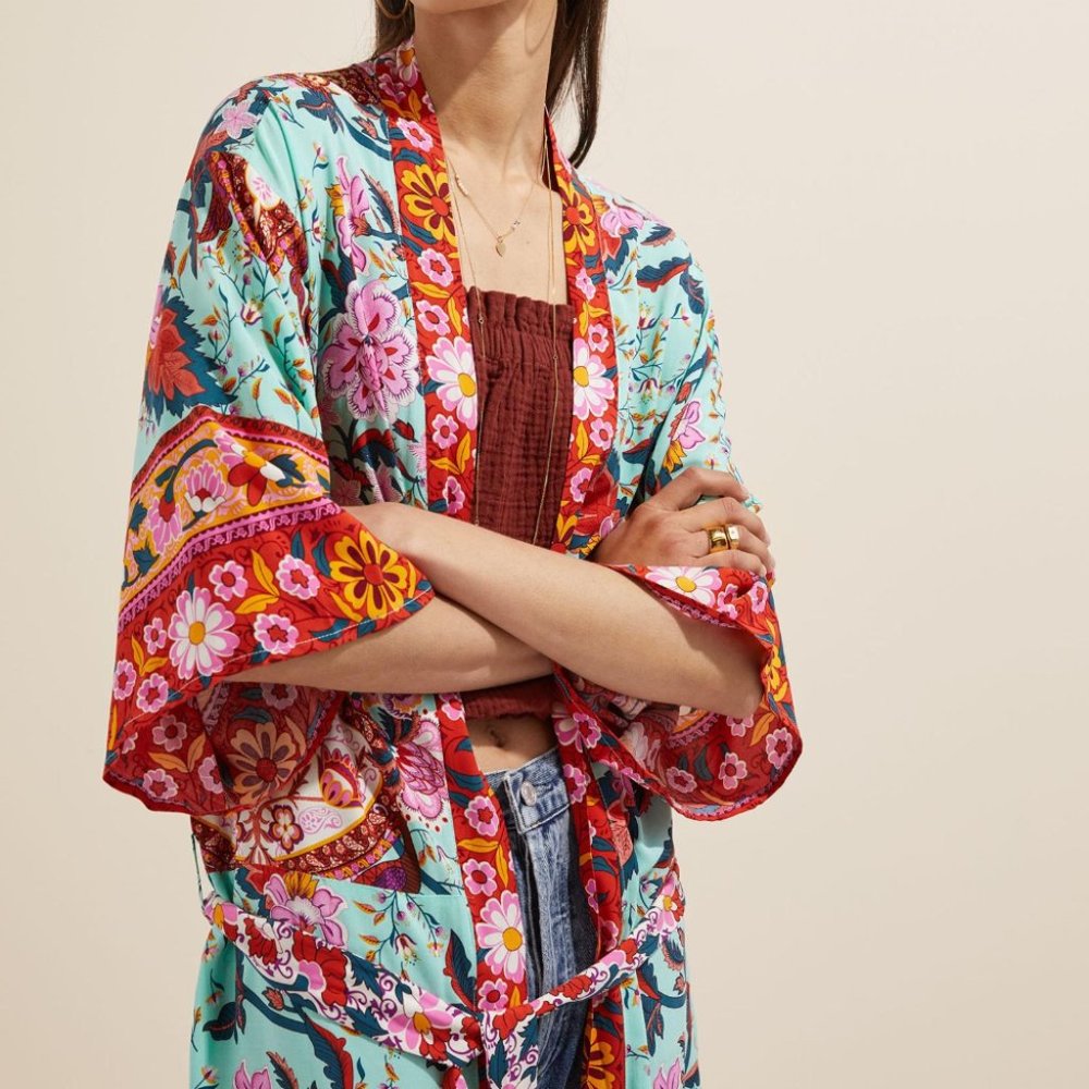 Anthropologie Floral Kimono Robe in Turquoise, Red, Pink
